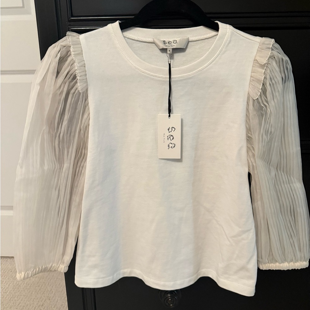 Sea New York White Blouse with Sheer Sleeves
